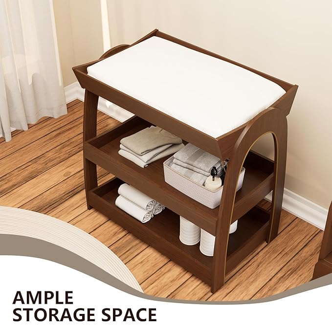 Baby Changing Table, Wood Diaper Changing Table with 2-Tier Storage Shelves, Wooden Baby Changing Station for Nursery, Modern Changing Table Dresser