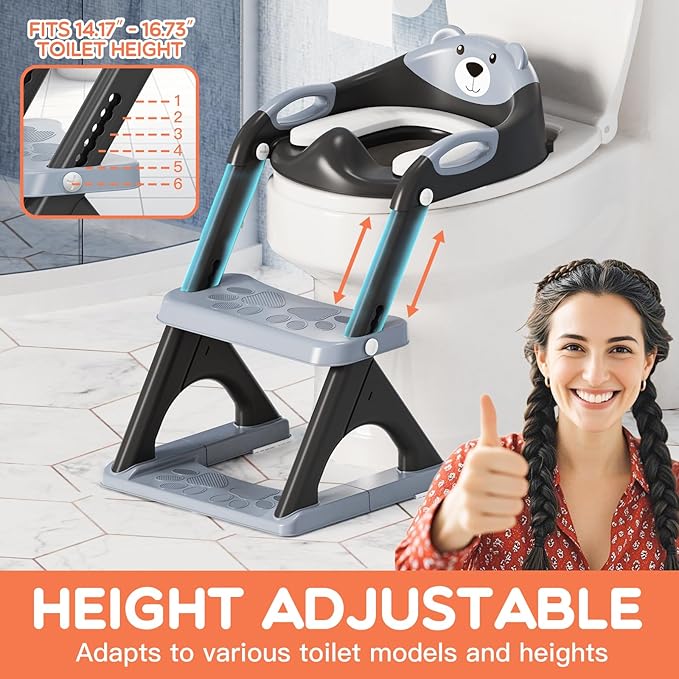 Potty Training Seat ，SKYROKU Potty Training Toilet with Step Stool Ladder, for Kids Boys Girls Toddlers - Comfortable Safe Potty Seat with Anti-Slip Pads Ladder (8898 Black)