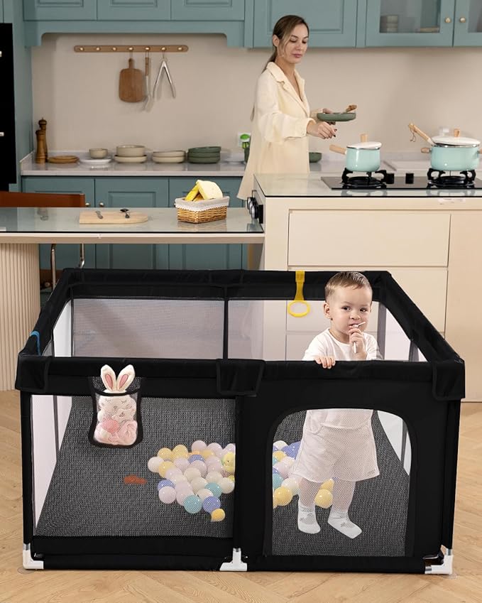 50" x 50" Extra Large Baby Playpen for Babies and Toddlers, Safe Activity Center with Soft Play Fence, Indoor Safety Yard, Easy to Assemble and Clean (Black)