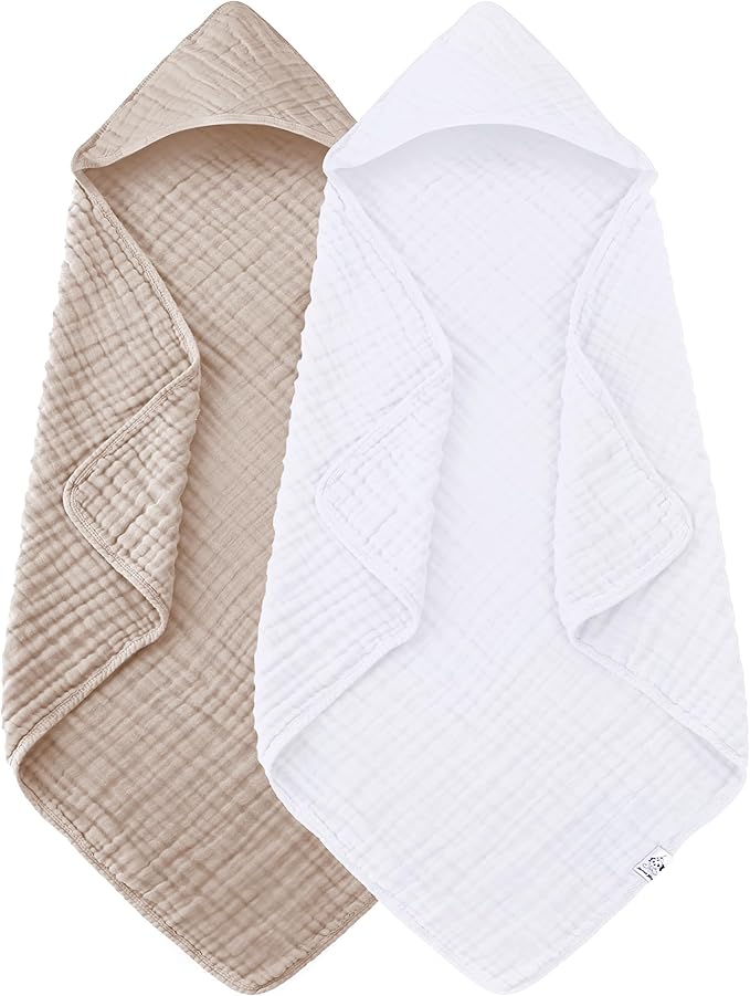2 Pack Hooded Baby Towels - 100% Muslin Cotton for Newborns, Infants, Toddlers - Large 32x32Inch Size - Highly Absorbent and Essential for Newborn Care, White and Brown