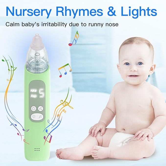Baby Nasal Aspirator, Electric Nose Sucker with 5 Levels Suction, Soothing Light & Nursery Rhymes (Green)