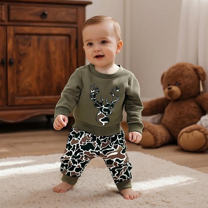 Muineobuka Toddler Baby Boy Hunting Clothes Reindeer Embroidery Sweatshirt and Camouflage Pants Outfits Baby Camo Clothing
