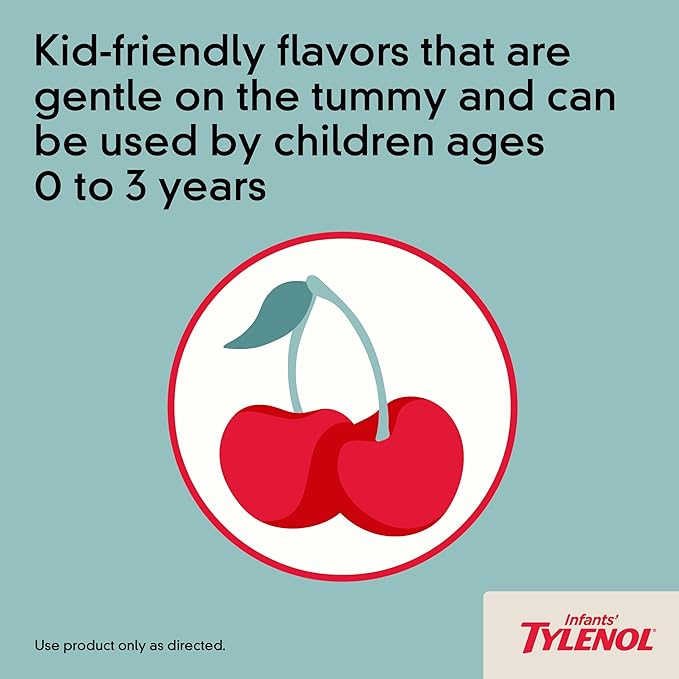 Infants' Tylenol Oral Suspension Liquid Medicine with Acetaminophen, Baby Fever Reducer & Pain Reliever for Minor Aches & Pains, Sore Throat, Headache & Teething Pain, Dye-Free Cherry, 1 fl. oz