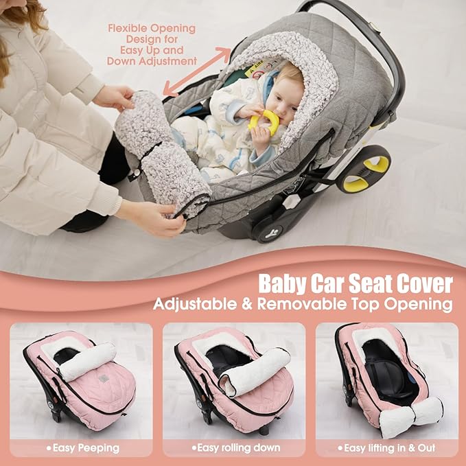 ACRABROS Car Seat Cover Baby: Winter Infant Carseat Canopy for Boy Girl Newborn, Zipper Peeping Window, Warm Cozy Cold Weather Waterproof Fitted, Pink