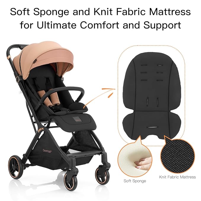 Gravity Folding Baby Stroller - Portable Travel Toddler Stroller w/Adjustable Backrest, Canopy & Cup Holder, Lightweight and UV Protected, One-Hand Automatic Folding - Khaki