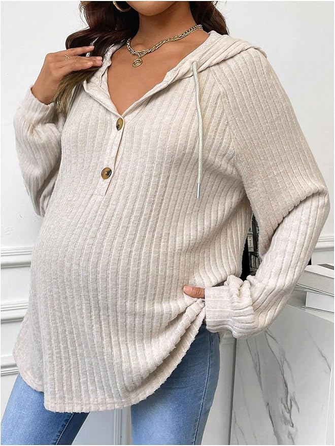Women's Maternity Half Button Sweatshirts Long Sleeve Ribbed Knit Pregnancy Shirt Spring Clothes