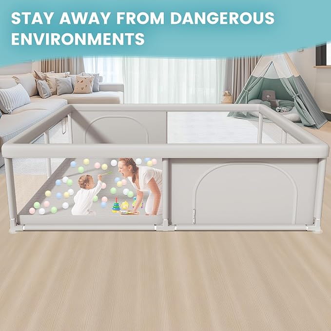 79x79 Inch Baby Playpen for Babies and Toddlers, Extra Large Play Yards for Indoor & Outdoor with Zipper Gates, Breathable Mesh with Anti-Slip Base