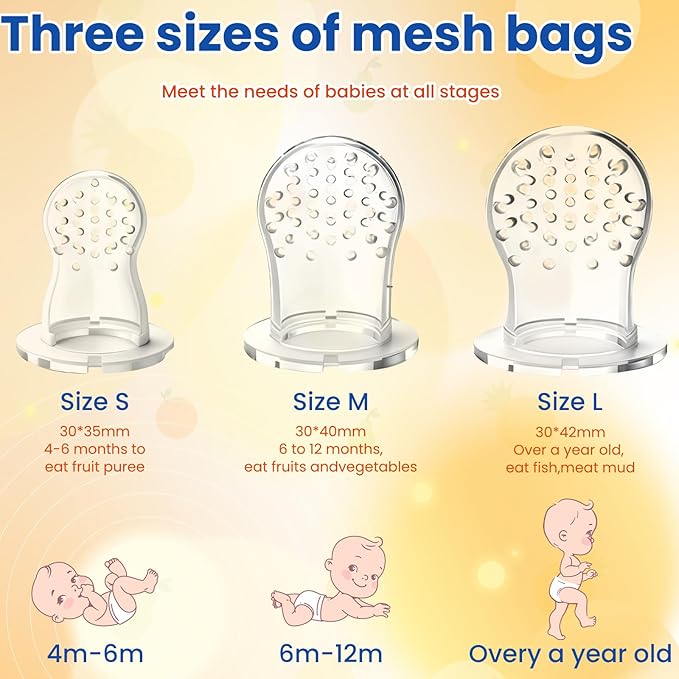 Baby Fruit Food Feeder Pacifier with 3 Different Size Silicone Pouch,Teethers for Babies 6-12Months, Baby Solid Food Essentials, Push Pop Silicone Feeder, Nutrition Feeder, BPA Free, 1 Pice, Orange