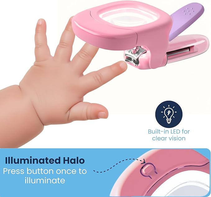 Baby Nail Clipper & File with LED Light, Fingernail Cutter with Catcher for Newborn, Infants & Toddlers- Magnifier for Ultra Visibility, Baby Essentials Nail Trimmer (Pink)