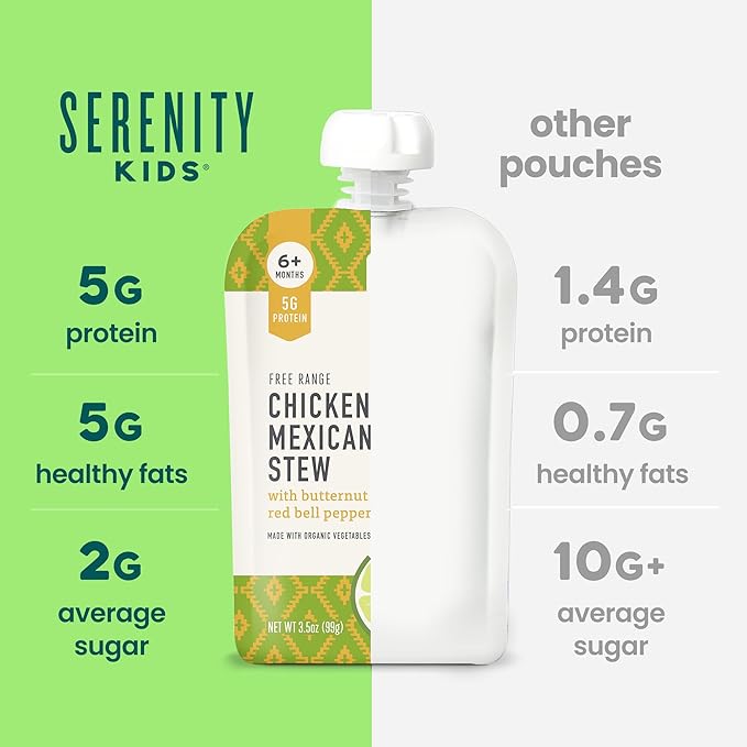 Serenity Kids 6+ Months Mexican Chicken Baby Food Pouch - 3.5 oz, Pack of 6 - Protein-Packed Flavored Meat Pouch - Savory Chicken Mexican Stew Flavor - BPA-Free Organic Baby Food