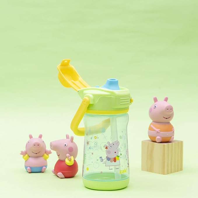 Zak Designs Peppa Pig Beacon Kid Water Bottle for Travel or At Home, 12oz Plastic is Durable and Leak-Proof with Liquid Lock Spout, Cover, Carry Handle, Protective Base (Peppa, George)