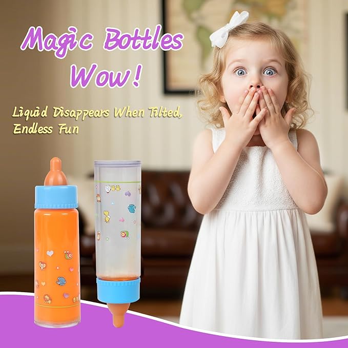 6-Piece Baby Doll Feeding Set – Magic Bottles & Pacifiers for 10–24 Inch Dolls, Disappearing Milk & Juice Bottles, Pretend Play Accessories for Kids
