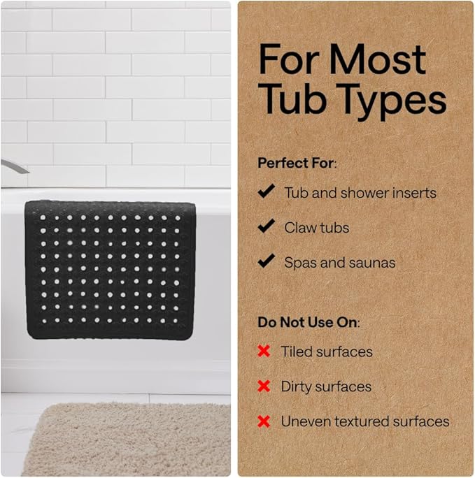 GORILLA GRIP Patented Bath Tub Shower Mat, Machine Washable Bathtub Floor Liner Mats, Suction Cups and Drain Holes to Keep Tubs Clean, Soft on Feet, Bathroom Essentials, 35x16 Inch, Black