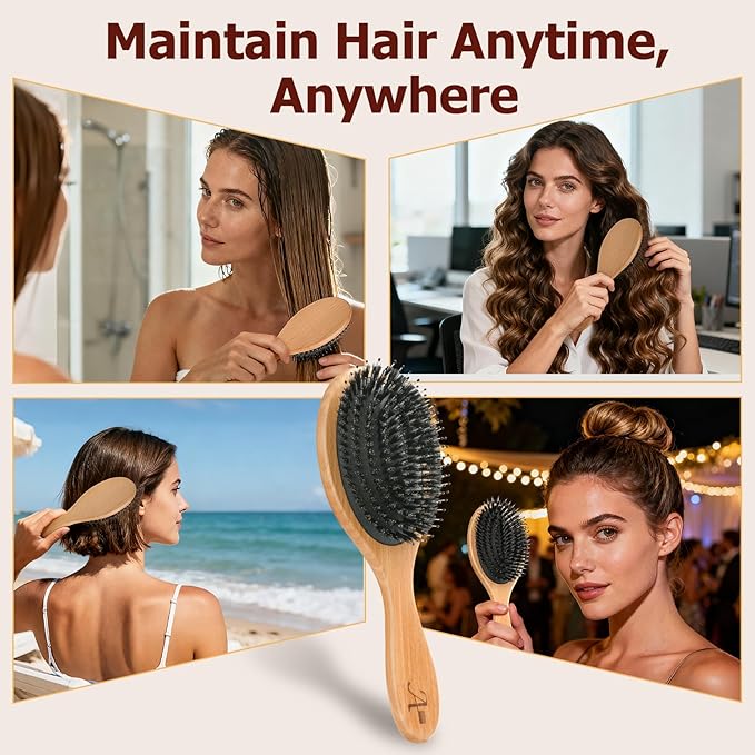 Boar Bristle Hair Brush Gift Set for Women & Men, 100% Natural Bristle & Nylon, Reduces Frizz & Static, Gentle Detangling for All Hair Types Thick Thin Curly Straight, Large Size