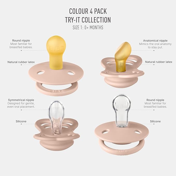 BIBS Try-It Collection | 4-Pack Soothers | BPA-Free Round, Anatomical & Symmetrical Nipple | Natural Rubber Latex/Silicone | Made in Denmark | 0-6 Months | Blush