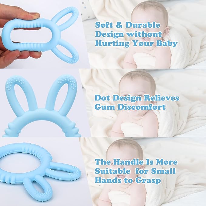 Silicone Babies Teethers Baby Teething Toys for Soothe Massage Sore Gums for 3-12 Months Infants, BPA Free, Easter Gifts for Boys and Girls, Ring Shape Rabbit Ear Design (Blue)