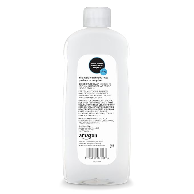 Amazon Basics Baby Oil with Aloe Vera & Vitamin E, Helps Prevent Moisture Loss, 20 Fl Oz (Pack of 1) (Previously Solimo)
