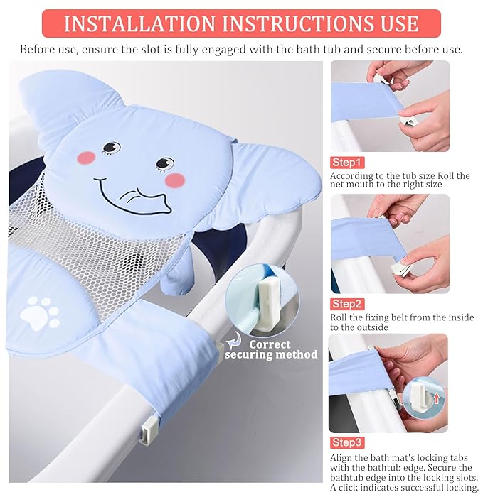AIR&TREE Baby Bath Seat Support Net, Quick Drying, Adjustable, Comfortable, Non-Slip, Infant Bathtub Sling Shower Mesh for a Tub, with Safety Support Corners (Blue)