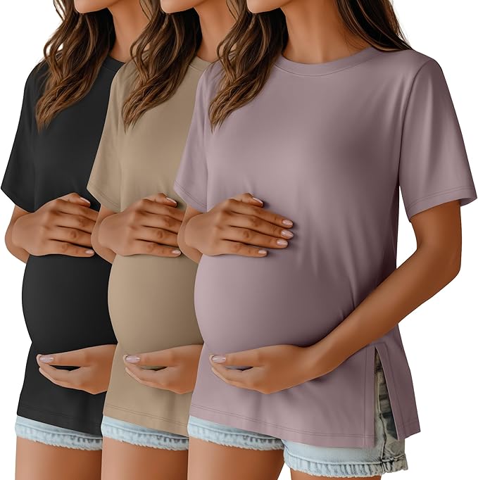 Ficerd 3 Pack Women's Maternity T Shirts, Short Sleeve Side Split Pregnancy Tops Casual Crew Neck Pregnant Tees Mama Clothes