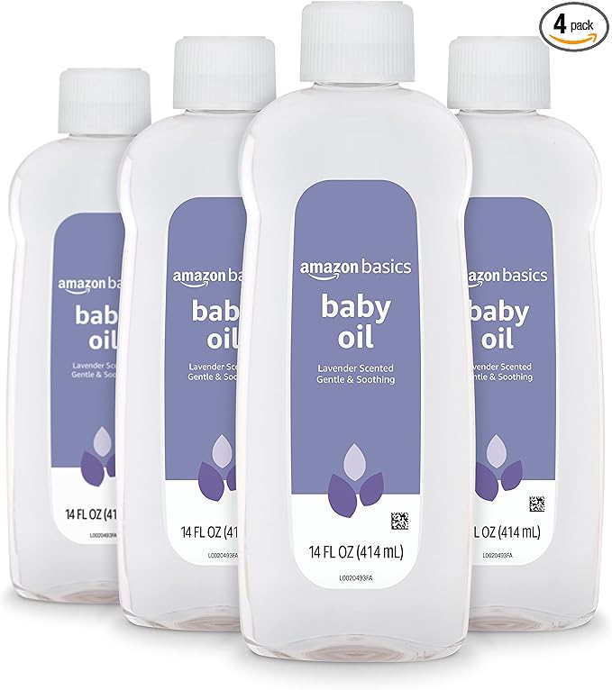 Amazon Basics Baby Oil, Soothing Lavender Scented, Prevents Moisture Loss, Dry Skin Relief, 14 Fl Oz, 4-Pack (Previously Solimo)