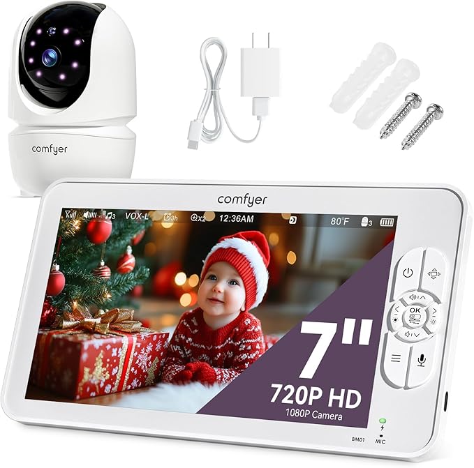 Baby Monitor with Camera and Audio, 7" 720P HD Video Baby Monitor No WiFi, 6000mAh Battery, VOX Mode, Auto Night Vision, Hack Proof, Remote PTZ