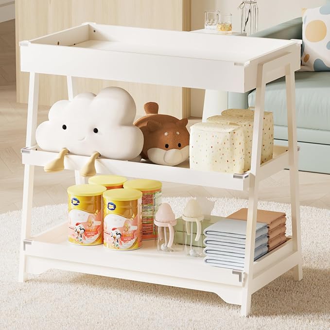 YUFU Baby Changing Table, Portable Diaper Changing Table with Changing Pad, Baby Diaper Changing Station with 2 Tier Storage Shelves for Newborn Baby and Infant, White