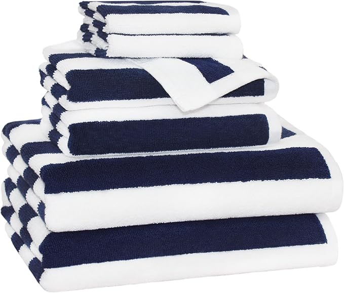 ORIGINAL KIDS 6 Piece Towel Set - Cabana Stripe - Rugby Stripe - 2 Bath Towels, 2 Hand Towels, 2 Washcloths - 100% Cotton - Soft Absorbent Quick Dry Durable Pool Shower Beach - Gift - Navy