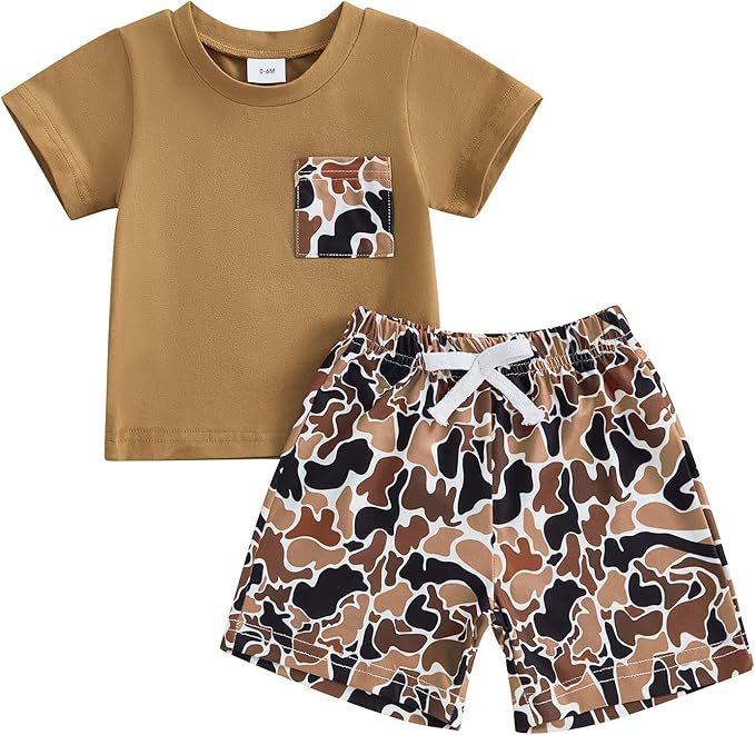 fhutpw Toddler Baby Boy Summer Clothes Tractor Letter Short Sleeve T-Shirt Tops Pockets Casual Shorts Set Infant Outfits