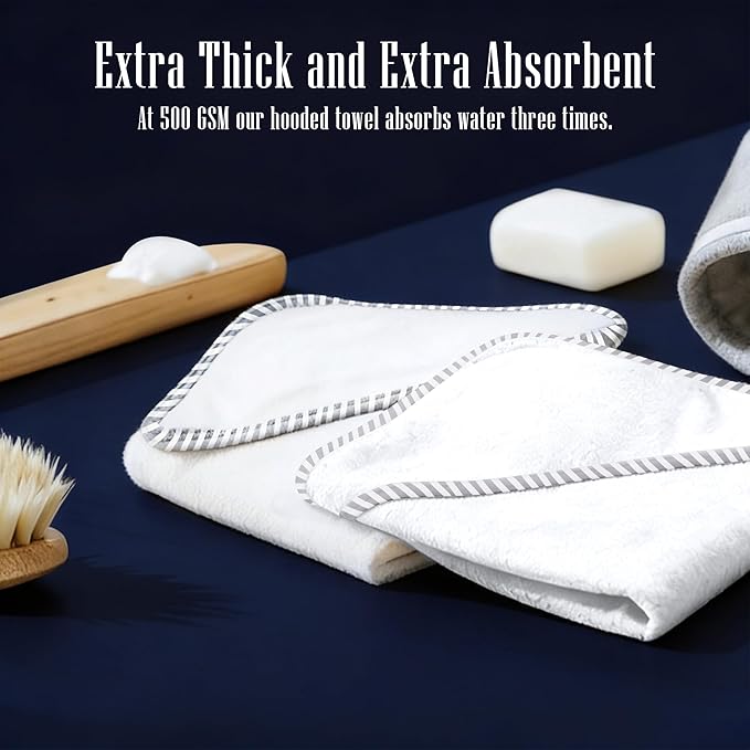 2 Pack Baby Bath Towel - Rayon Made from Bamboo, Ultra Soft Hooded Towels for Kids - X Large Size for 0-7 Yrs (White and Stripe, 37.5 x 37.5 Inch)