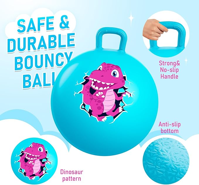 U&C Planet Hopper Ball 18 Inches Bouncy Ball with Handle for Kids Age 3-6 - Blue Dinosaur