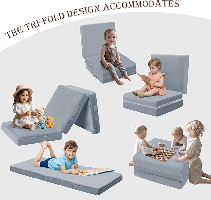 MeMoreCool Foldable Floor Cushion Kids Trifold Play Mat, Kids Folding Seat Pad Portable Lounger, 57x22 Inch Grey