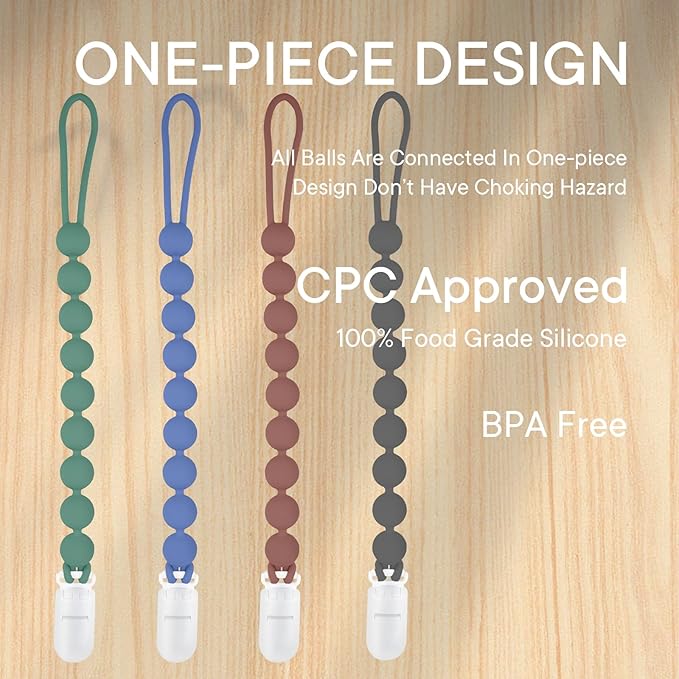 Silicone Pacifier Clip Holder, 4 Pack One Piece Soft Flexible Binky Clips Pacifier Holder Clip for Boys, Birthday Christmas