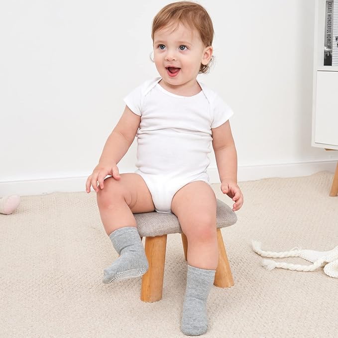 ZAPLES Baby Non Slip Grip Crew Socks with Anti Skid Soles for Infants Toddlers Kids Boys Girls