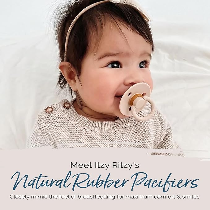 Itzy Ritzy Natural Rubber Newborn Pacifiers (Set of 2) – Baby Pacifiers with Cherry-Shaped Nipple & Large Air Holes for Added Safety; Set of 2 Binkies in Coconut & Toast (Ages 0 – 6 Months)