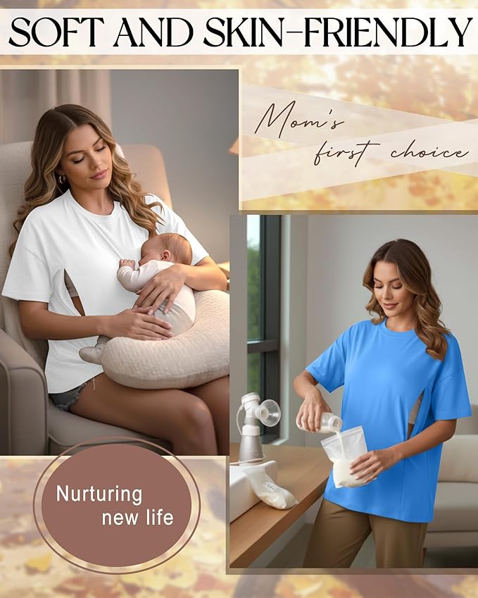 3 Pack Women's Oversize Nursing Breastfeeding Shirts Hidden Zipper Short Sleeve Loose Fit Maternity Tops