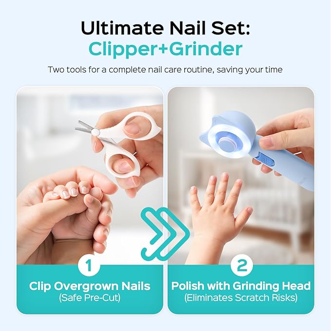COSLUS C50 Baby Nail File, Baby Nail Trimmer Electric, Baby Nail Clipper - Gentle, Quiet with 360° Light, Safe for Sleep Time Grinding, 16-in-1 Kit for Newborn, Infant & Toddler, Sky Blue