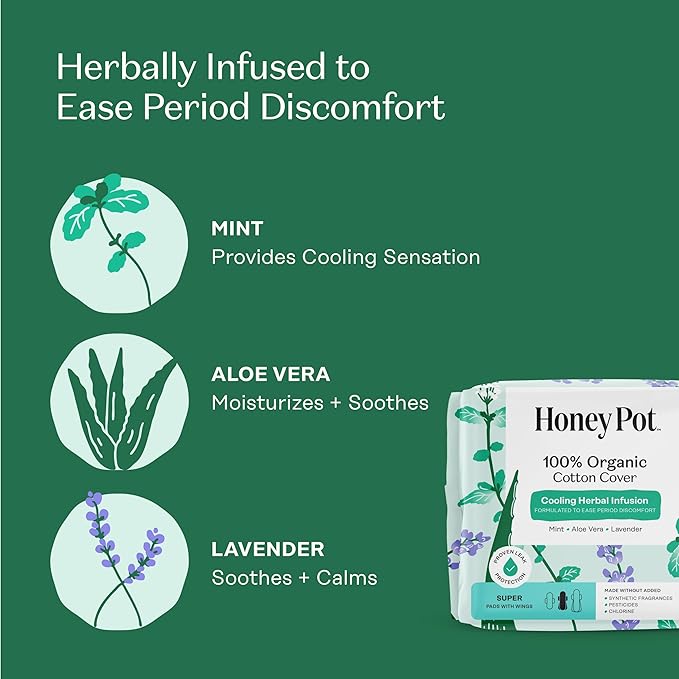 The Honey Pot Company - Herbal Pads for Women - Super w/Wings - Infused w/Essential Oils for Cooling Effect, Organic Cotton Cover, & Ultra-Absorbent Pulp Core - Feminine Care - 16 ct