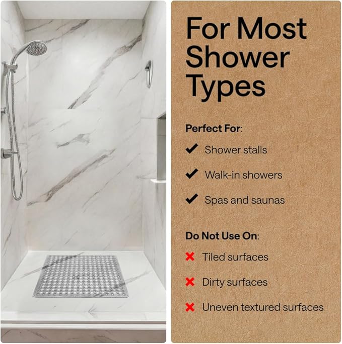 GORILLA GRIP Patented Square Shower Stall Mat, Small Bathtub Floor Mats for Stand Up Showers with Suction Cups and Drainage Holes, Machine Washable, Soft on Feet, Bathroom Accessories 21x21 Inch, Gray