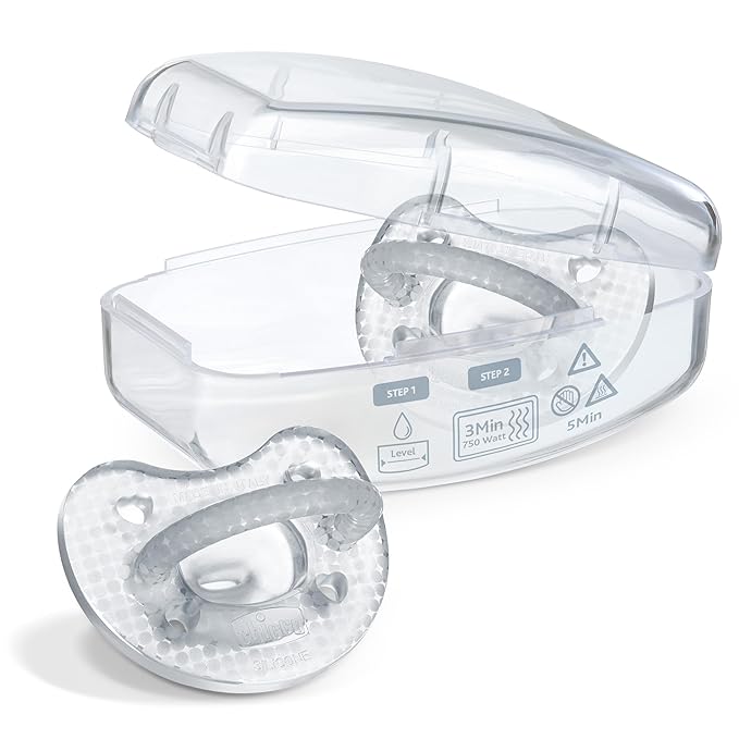 Chicco PhysioForma Luxe Orthodontic Pacifier, 0-6m | 100% Soft Silicone | Supports Breathing & Oral Development | Textured Shield & Handle | Includes Sterilizing Case | BPA Free | Crystal, 2pk