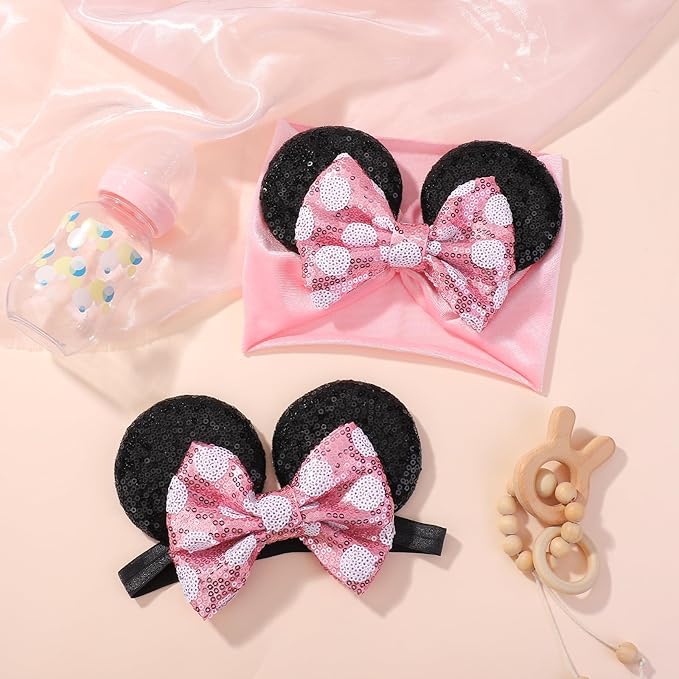 choicbaby Baby Girl Headbands Mouse Ears Headwrap with Sequin Polka Dot Bow Soft Stretchy Nylon Hair Bands for Newborn Infant Baby Toddler Girls- Pack of 2