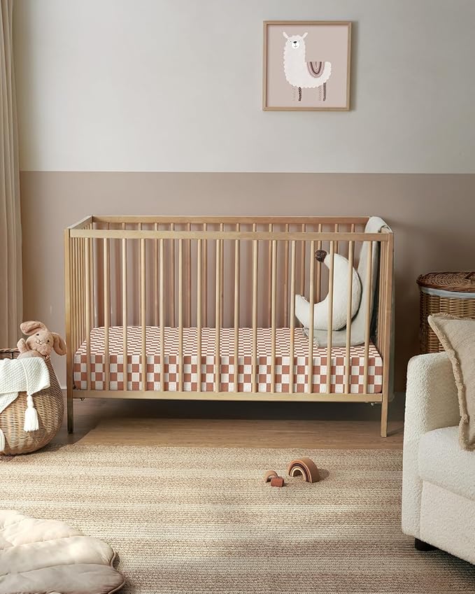 Blissful Diary Muslin Crib Sheets for Girl Boy, Boho Neutral Soft Cotton Baby Sheet for 52''x28'' Standard Crib Mattress, 2 Pack(Brown Checkboard & Brown)