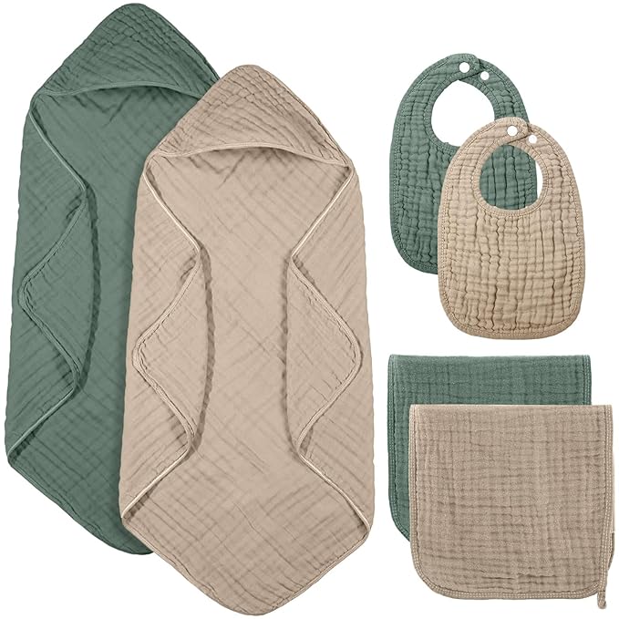 6 Pcs Muslin Hooded Bath Towels Washcloths and Bibs Set, Muslin Cotton Baby Towels Absorbent Hooded Blanket Towel Infant Bibs for Boys Girls Newborn Infant Essential(Dark Green, Beige)