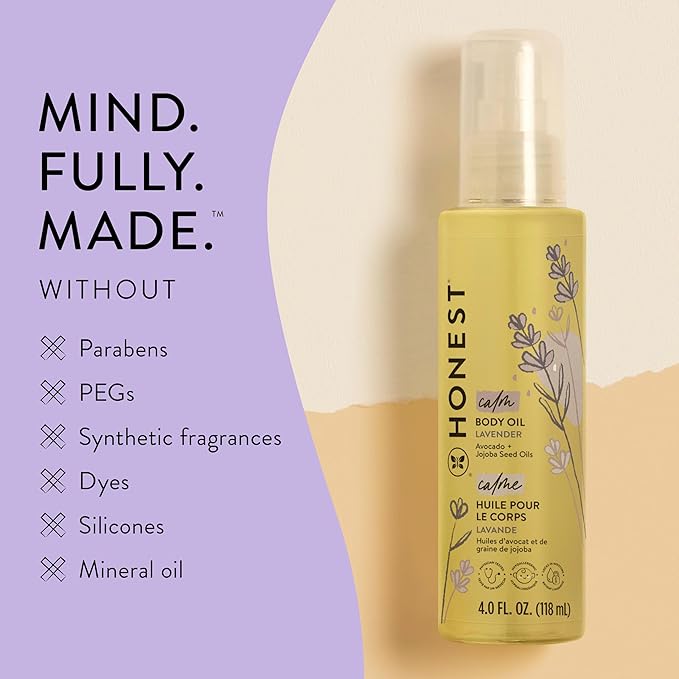 The Honest Company Lavender Infused Calming Body Oil Moisturize Nourish and Soothe Baby's Skin Plant-Based Hypoallergenic Vegan 4.0 fl oz