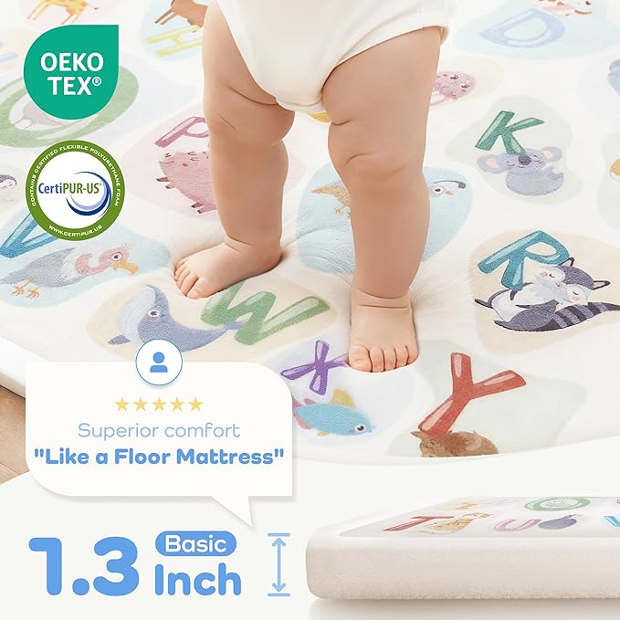 1.3" Thick Educational Baby Floor Play Mat 79x118, Basic Padded Memory Foam Kids Mat, Large Non-Slip Plush Playmat for Nursery Playroom Classroom (ABC Animal)