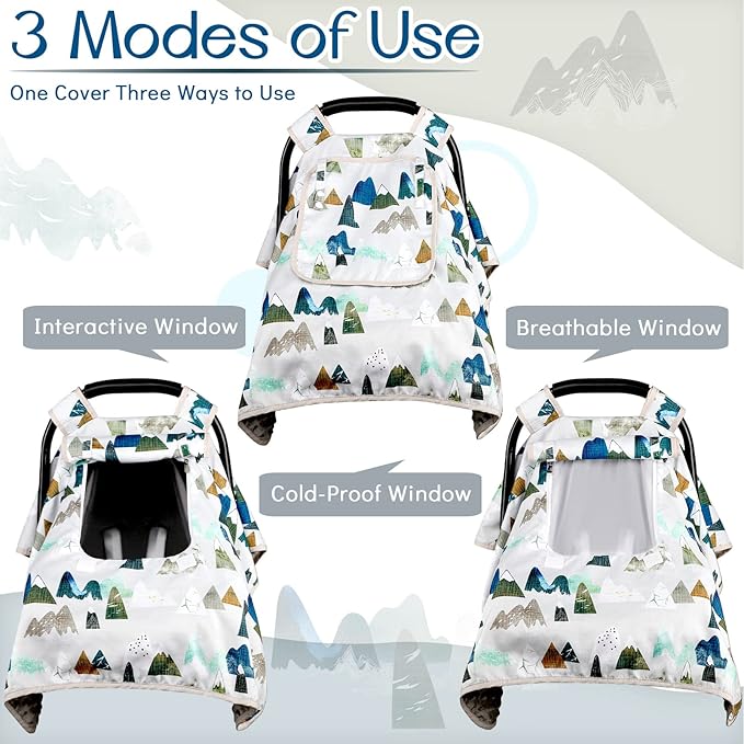 Baby Car Seat Cover, Car Carseat Canopy Boys, Minky Cozy & Warm Cover, Infant Carrier Cover with Peep Windows, Soft & Breathable, Adventure Mountain Nursery Theme