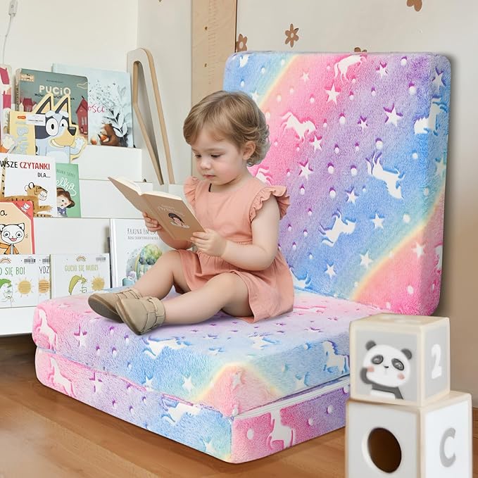 MeMoreCool Glow Rainbow Unicorn Foldable Floor Mattress for Kids, Trifold Nap Mat for Toddlers, Portable Daycare Sleeping Futon or Floor Bed, 75x25 Inch