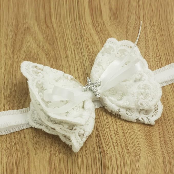 White Baby Bow Headband for Baptism Christening Satin Lace Hair Band with Cross for Toddler (Embroidery Lace white bow-6, 0-6 months)