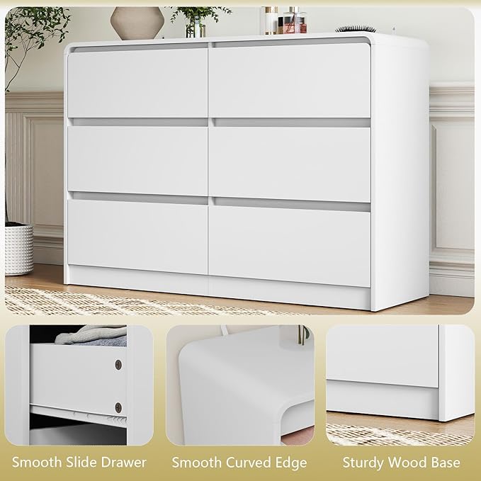 White 6 Drawer Dresser for Bedroom,Modern Chest of Drawer with Curved Corner and No-Handle Design,Bedroom Storage Organizer Dresser for Closet,Hallway