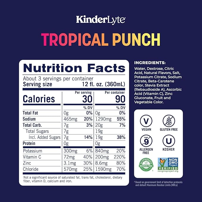 KinderLyte Electrolyte Solution for Kids and Adults - Hydration Drink, Tropical Punch, (33.8 fl oz, 6 Pack), No Artificial Sweeteners or Flavors, No Synthetic Dyes, Vegan, Non-GMO, Gluten-Free