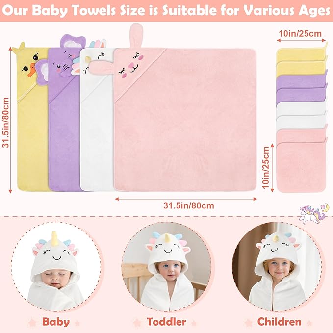 CandyHome 12 PCS Baby Bath Towels for Infants Toddlers, 4 PCS Animal Hooded Baby Towels & 8 PCS Washcloths Set, Ultra Absorbent Soft Cute Newborn Bath Essential Gifts for Boys & Girls